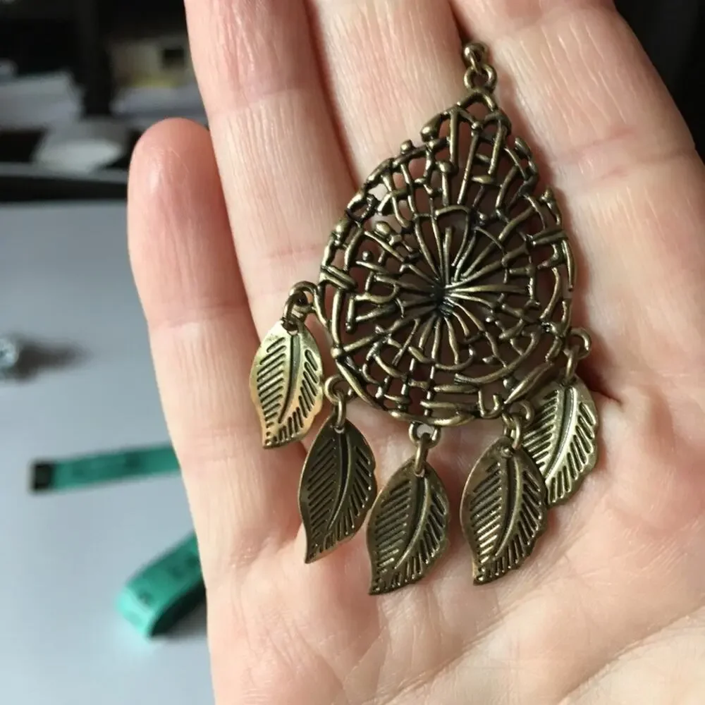 Dream-catcher with dangling leaves bronze-tone earrings